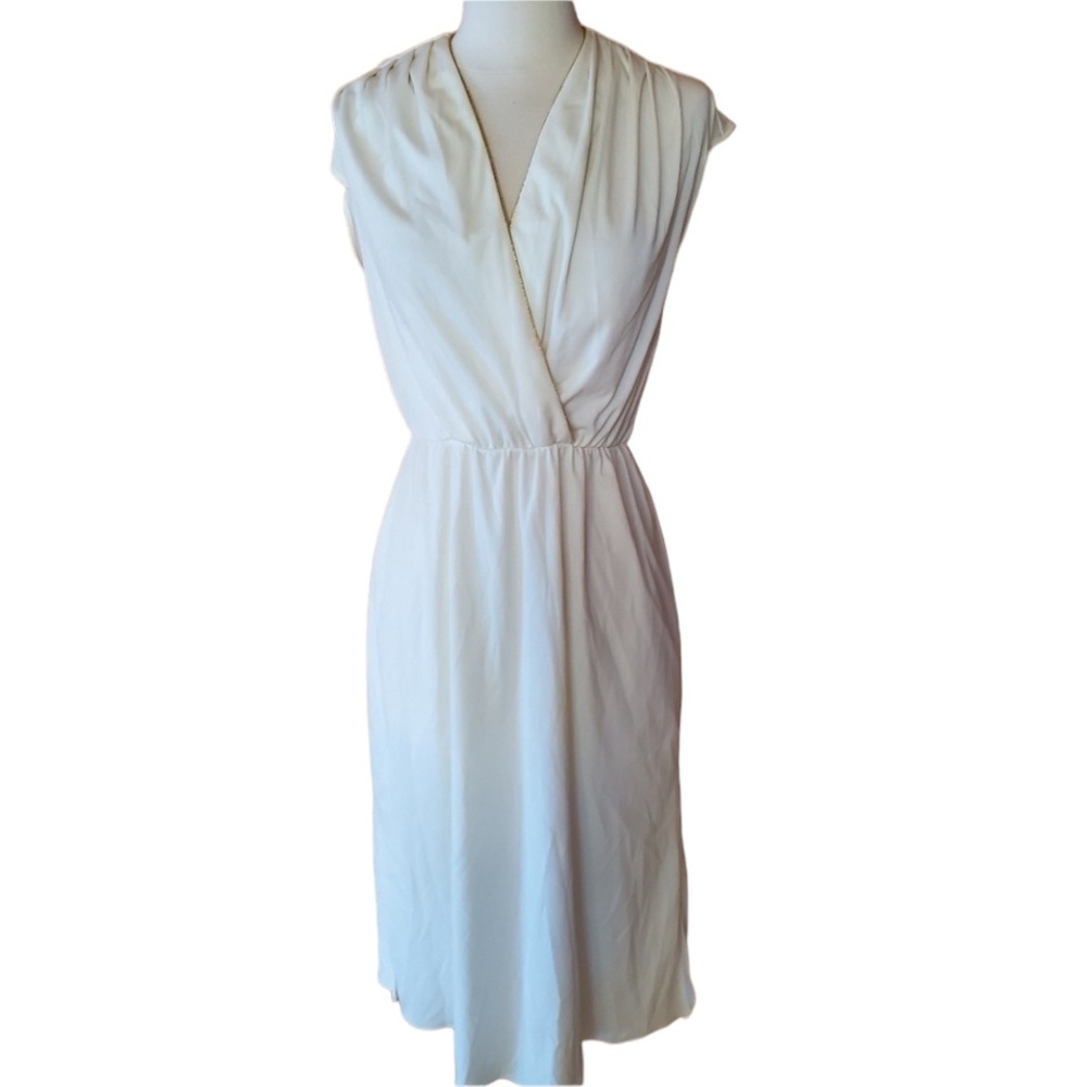 1970s Amy Deb Ivory & Gold Trim Polyester Dress‎